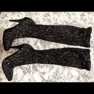 Black Sequin Heeled Boots